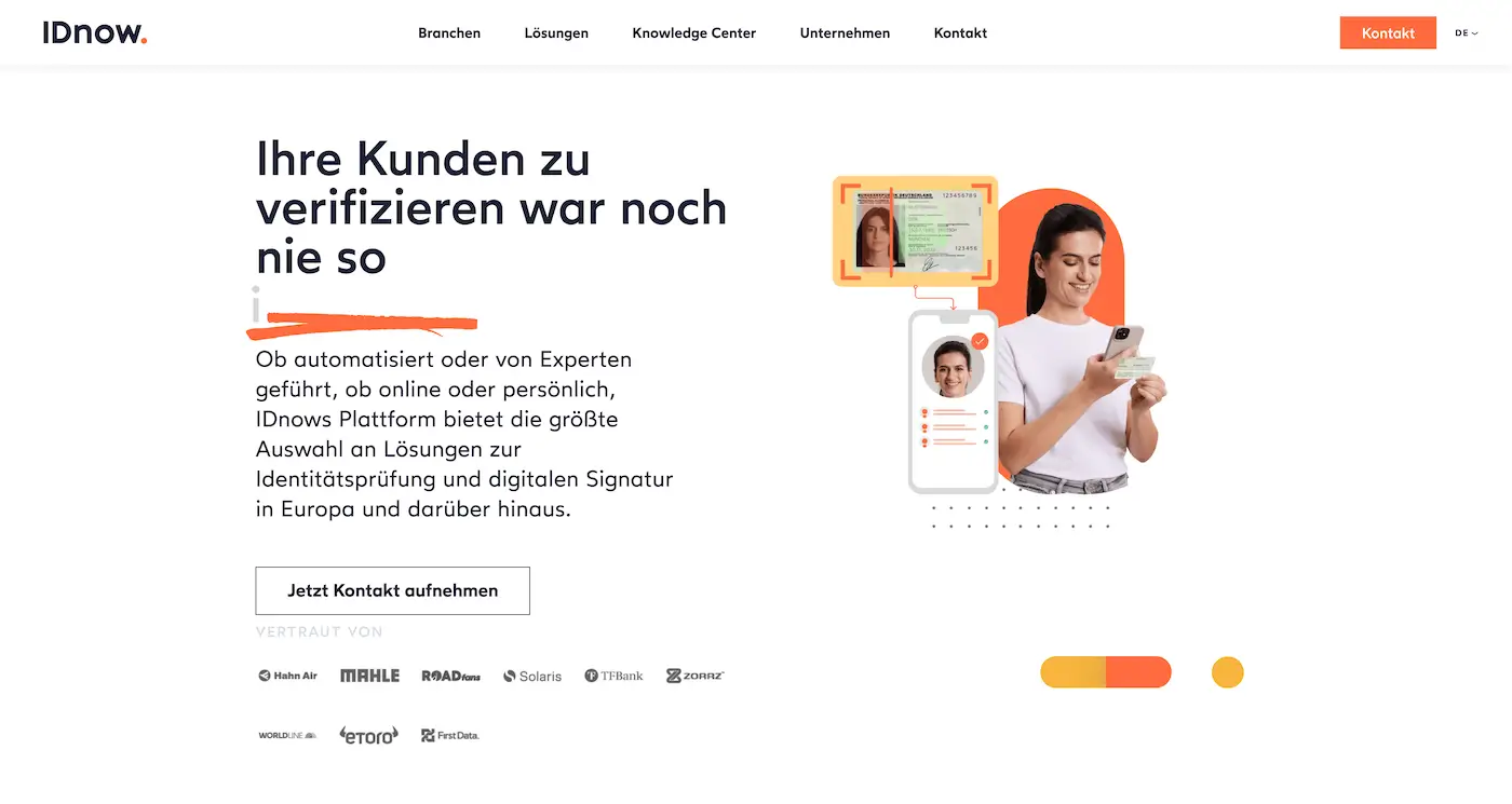 Screenshot der Webseite des Startups IDnow