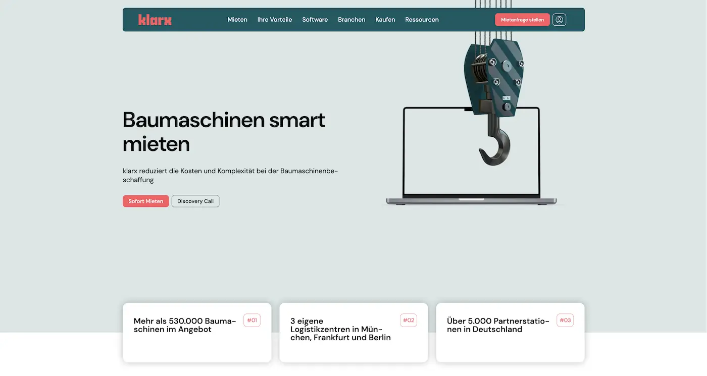 Screenshot der Webseite des Startups klarx