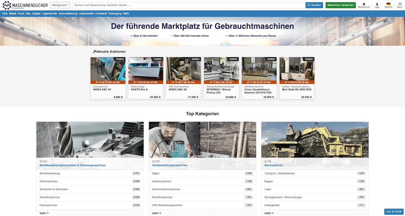 Screenshot der Webseite des Startups Maschinensucher