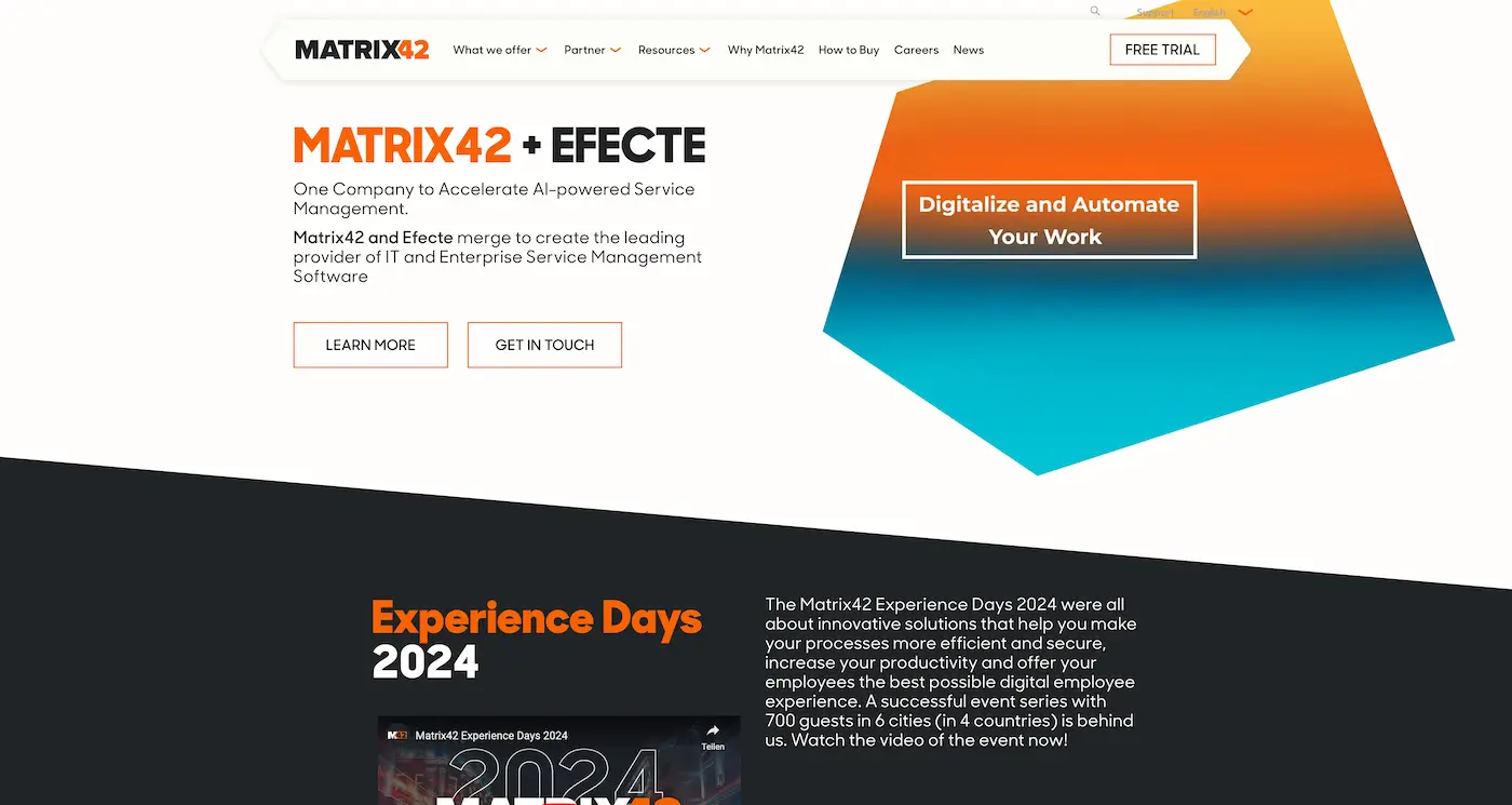 Screenshot der Webseite des Startups Matrix42