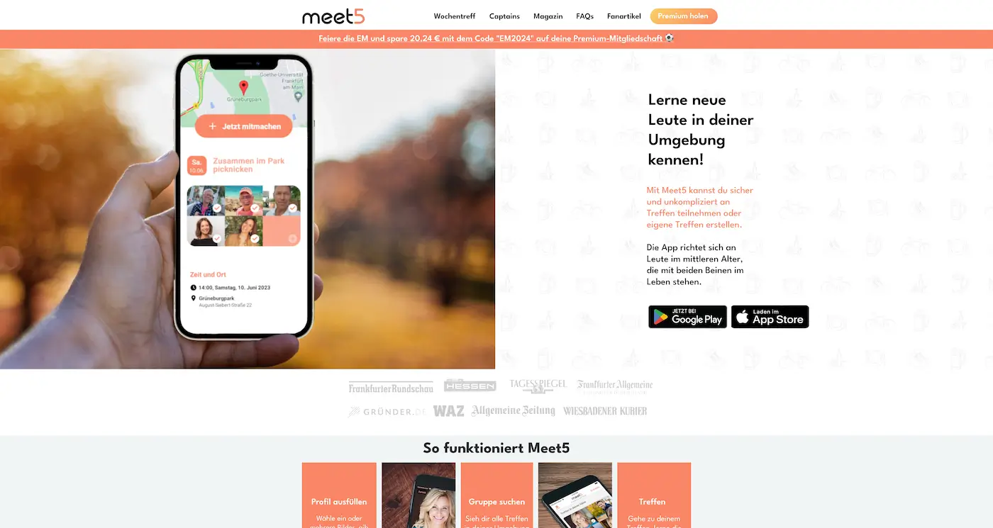 Screenshot der Webseite des Startups Meet5