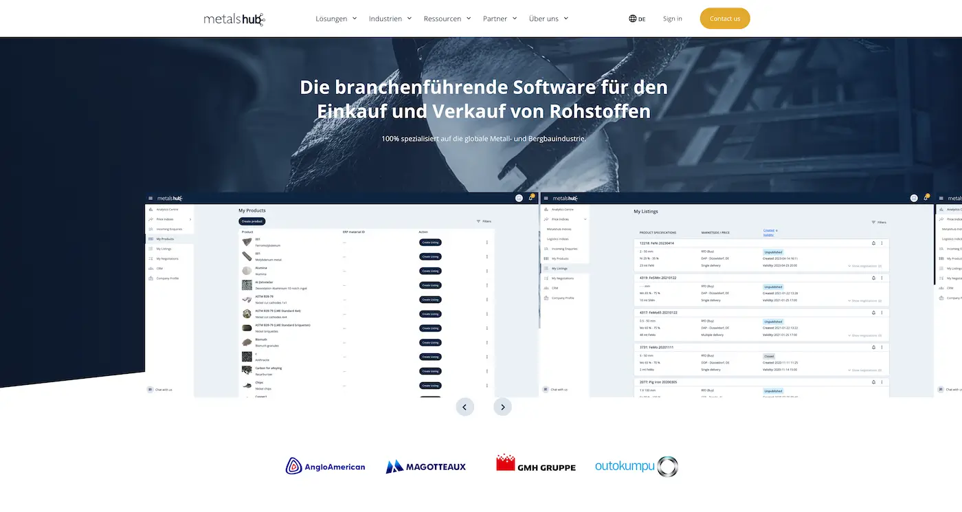 Screenshot der Webseite des Startups Metalshub