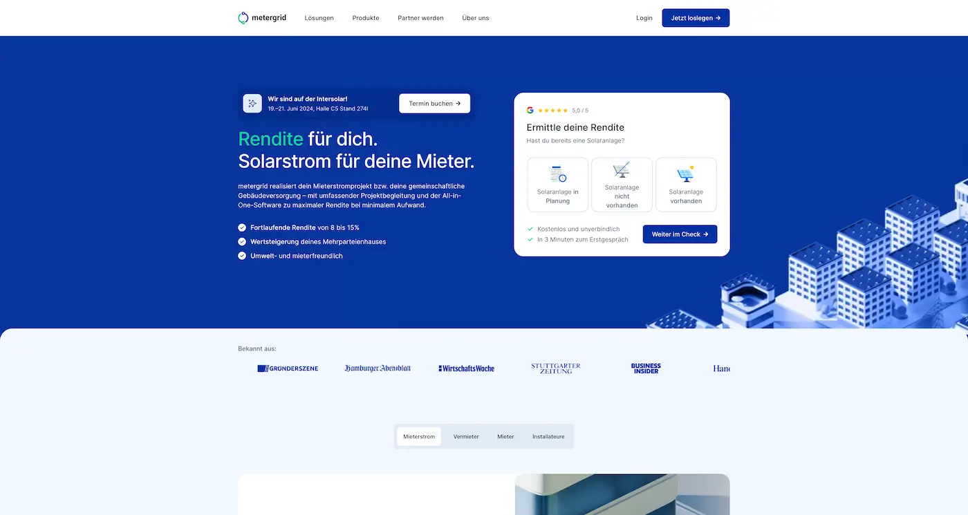 Screenshot der Webseite des Startups Metergrid