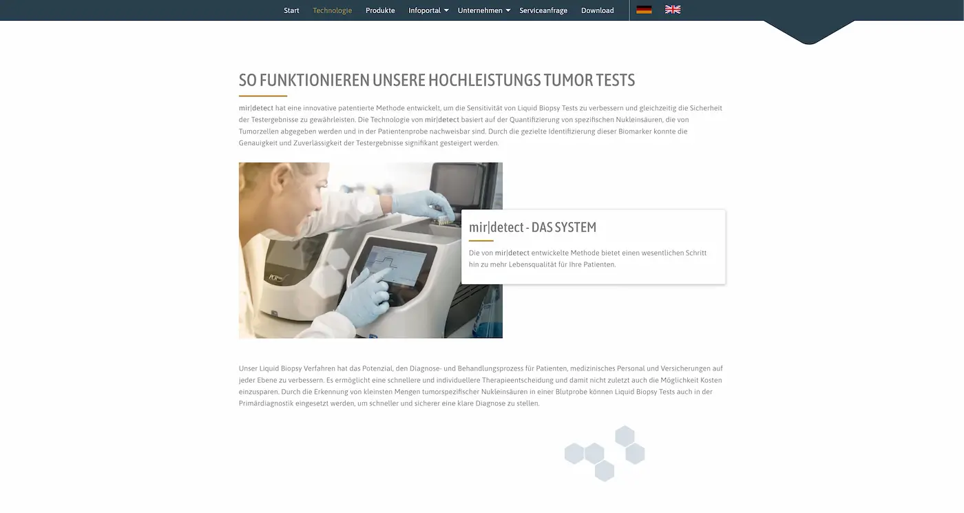 Screenshot der Webseite des Startups MIR | Detect