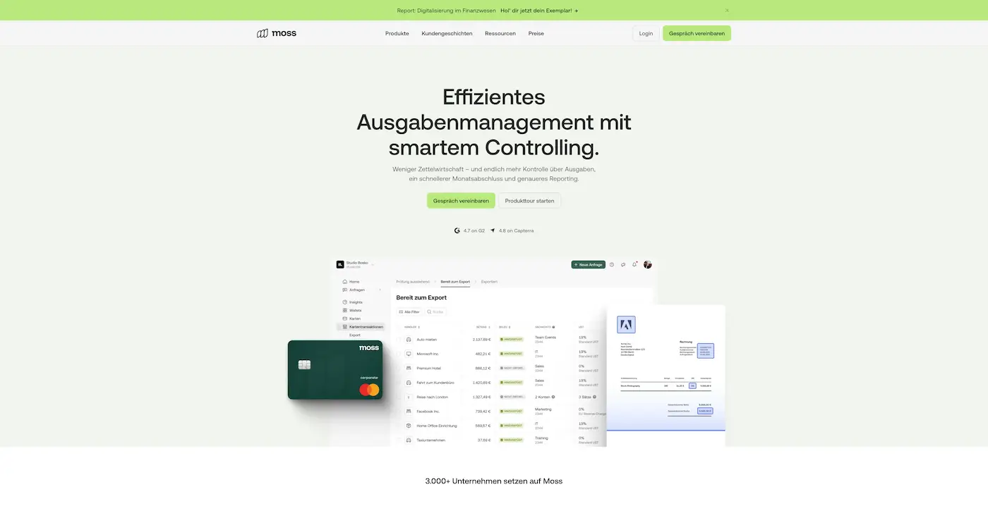 Screenshot der Webseite des Startups Moss