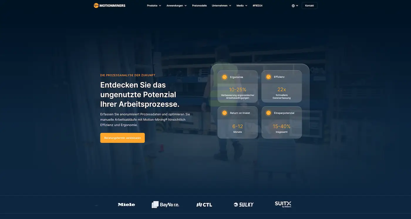 Screenshot der Webseite des Startups MotionMiners