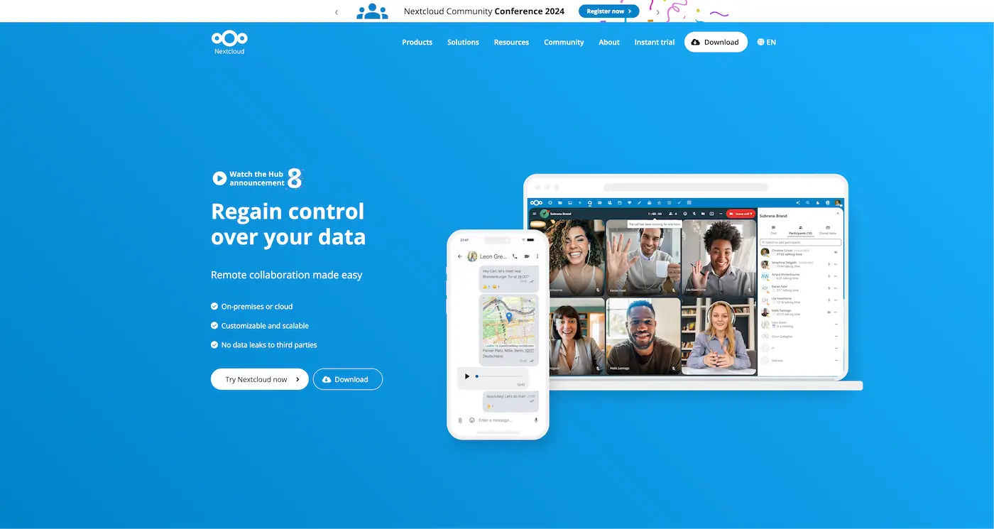 Screenshot der Webseite des Startups Nextcloud