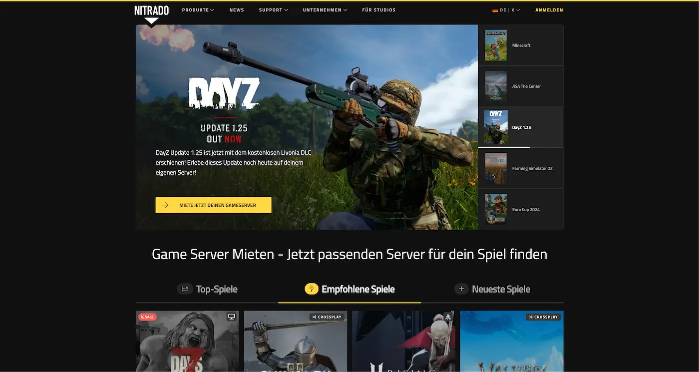 Screenshot der Webseite des Startups Nitrado
