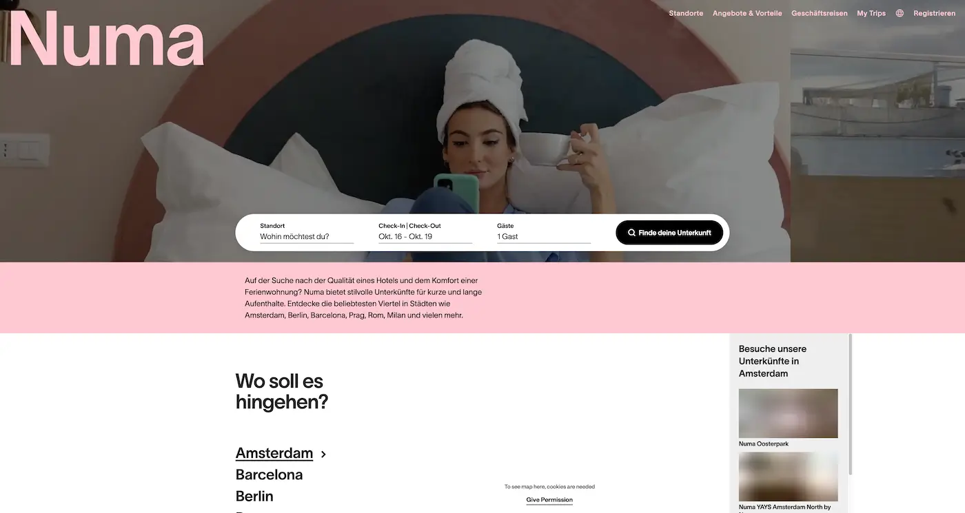 Screenshot der Webseite des Startups Numa