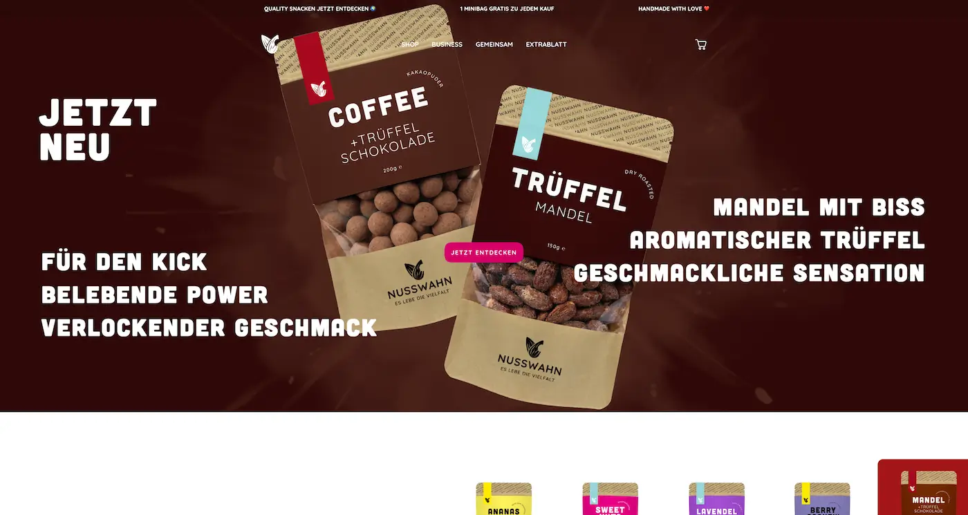 Screenshot der Webseite des Startups Nusswahn
