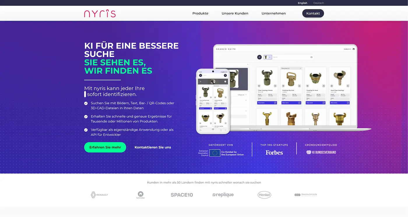Screenshot der Webseite des Startups Nyris