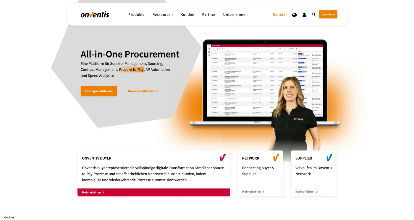 Screenshot der Webseite des Startups Onventis