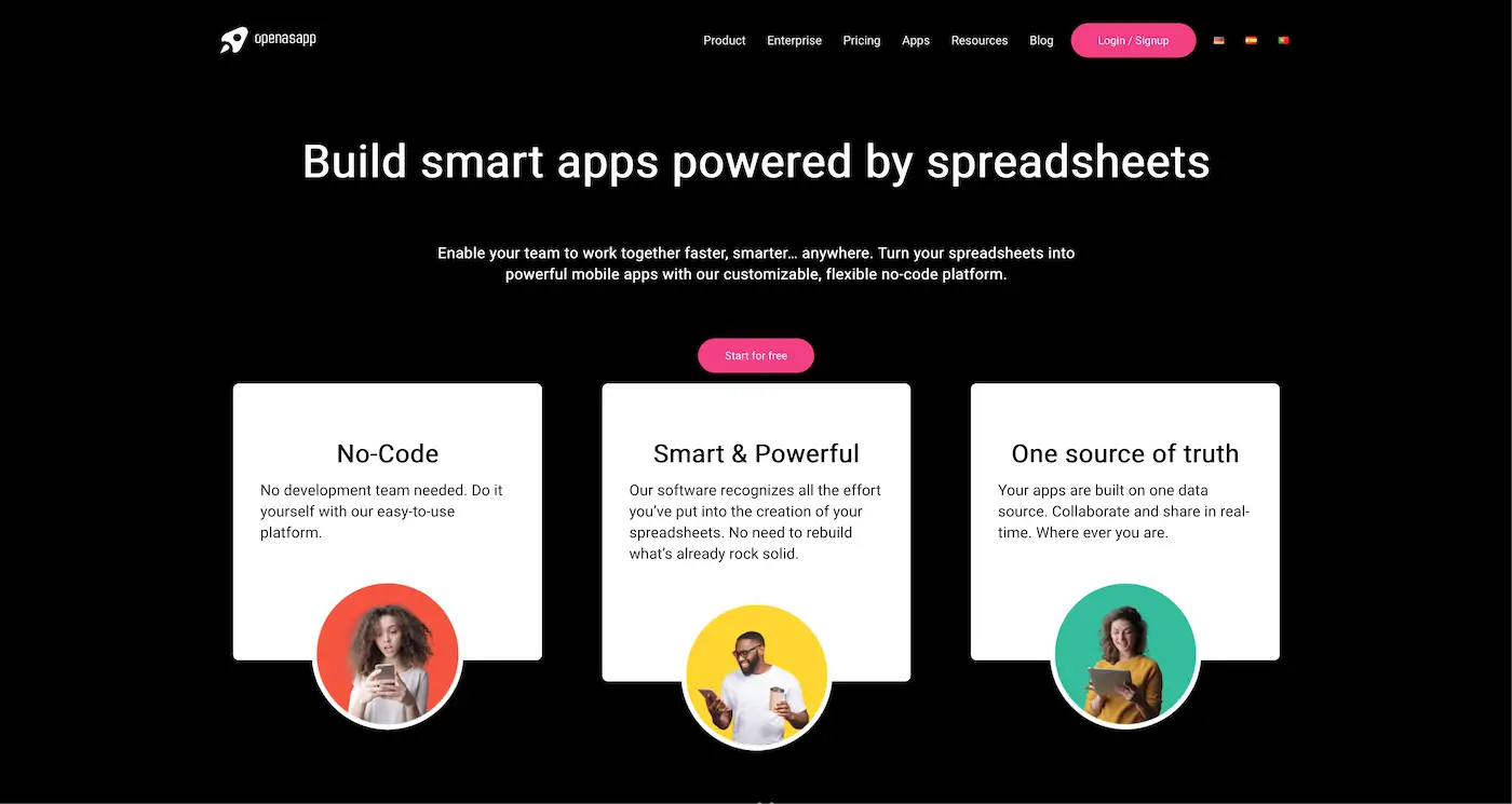 Screenshot der Webseite des Startups Open as App