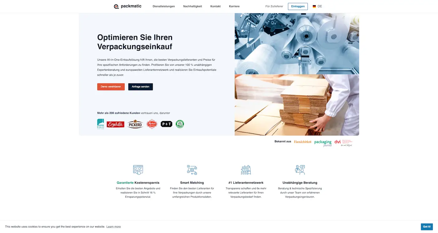 Screenshot der Webseite des Startups packmatic