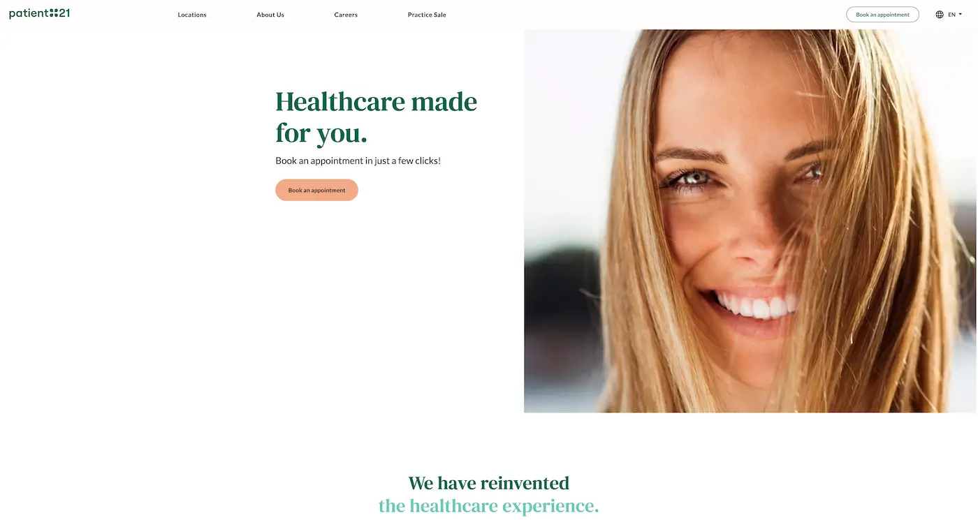 Screenshot der Webseite des Startups Patient21