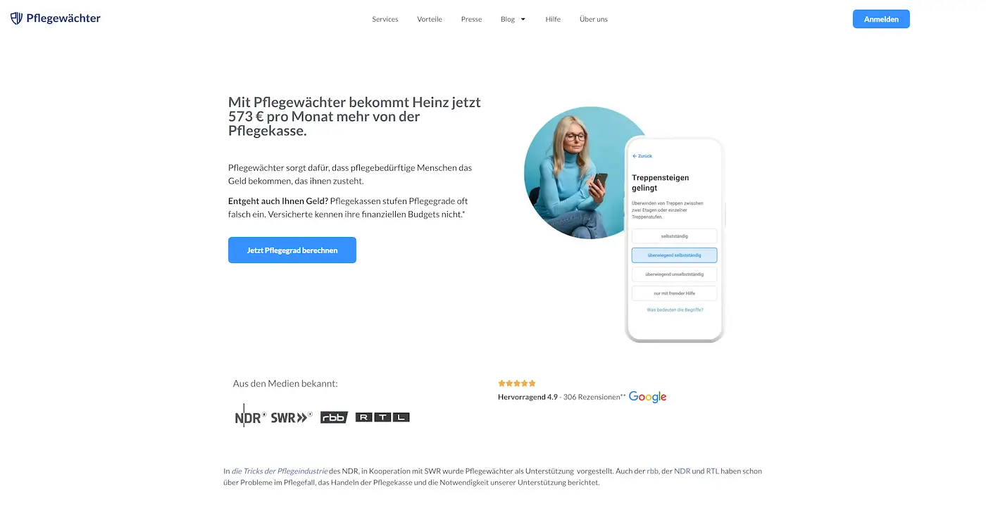 Screenshot der Webseite des Startups Pflegewächter