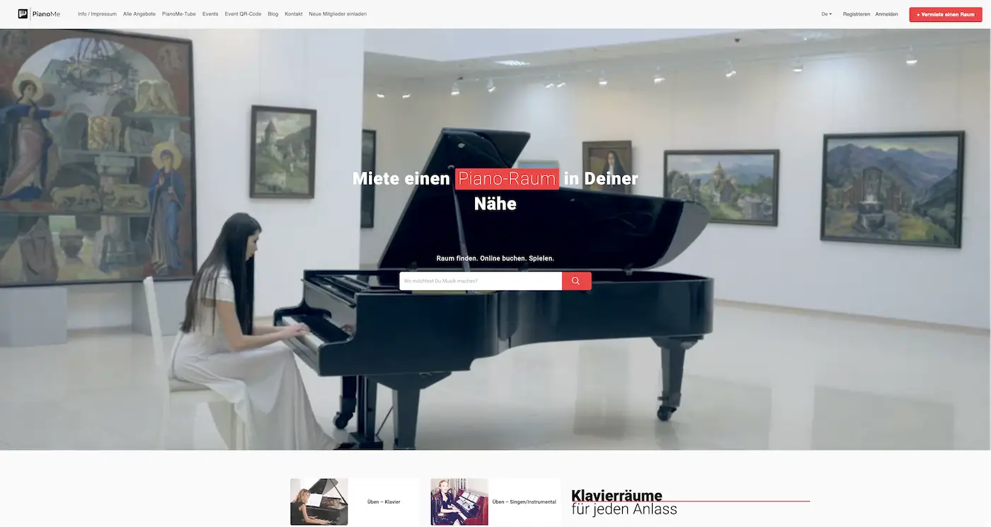 Screenshot der Webseite des Startups PianoMe