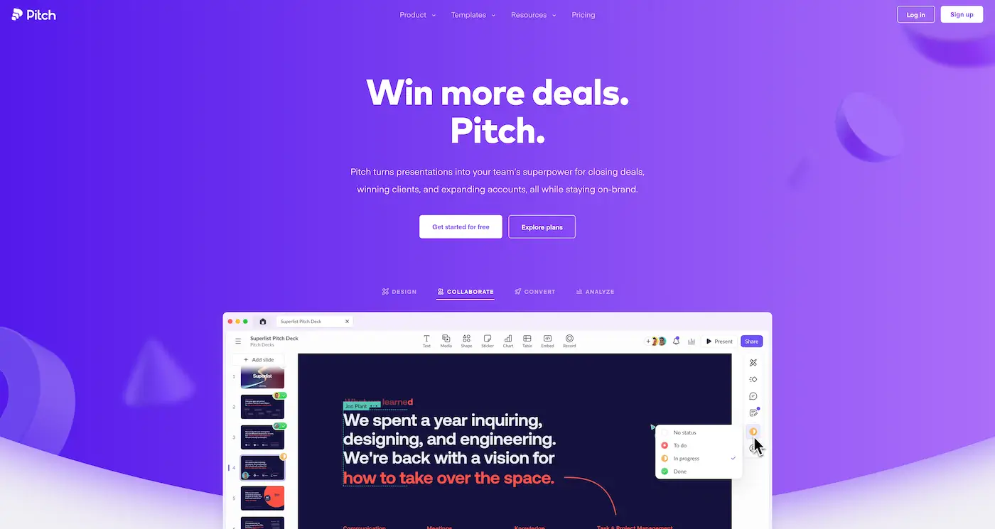 Screenshot der Webseite des Startups Pitch