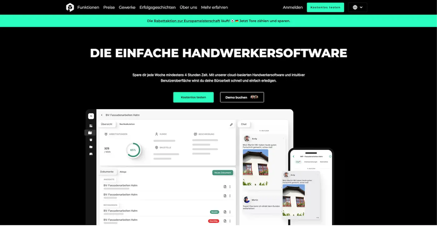 Screenshot der Webseite des Startups Plancraft