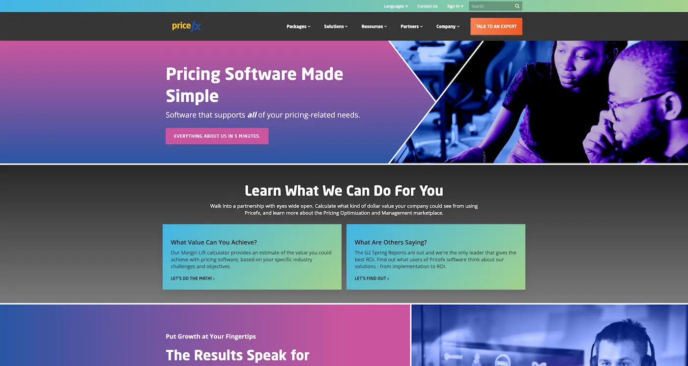 Screenshot der Webseite des Startups Pricefx