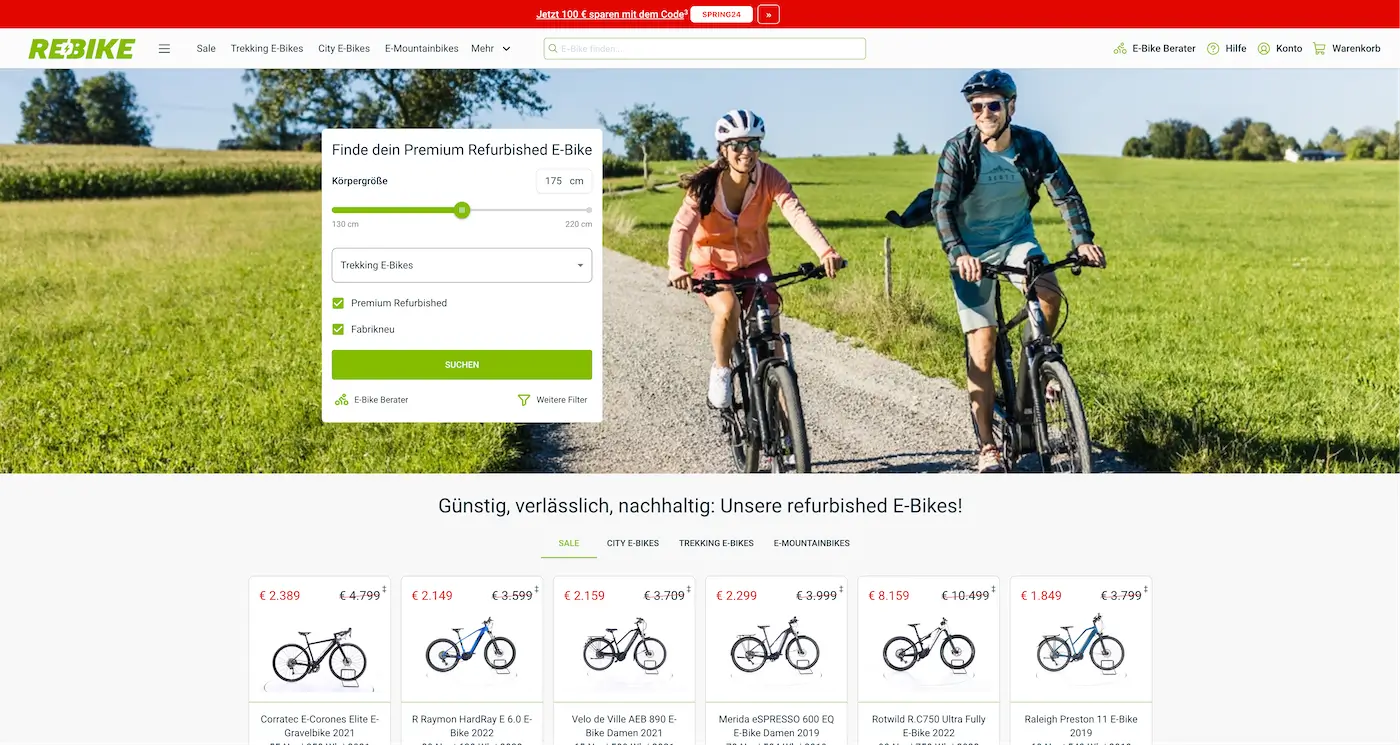 Screenshot der Webseite des Startups Rebike