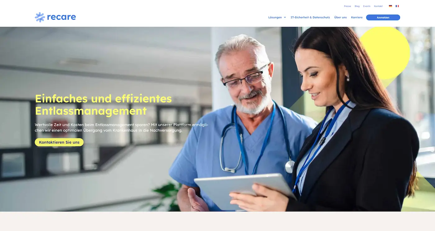 Screenshot der Webseite des Startups Recare