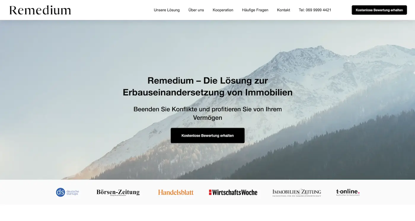 Screenshot der Webseite des Startups Remedium