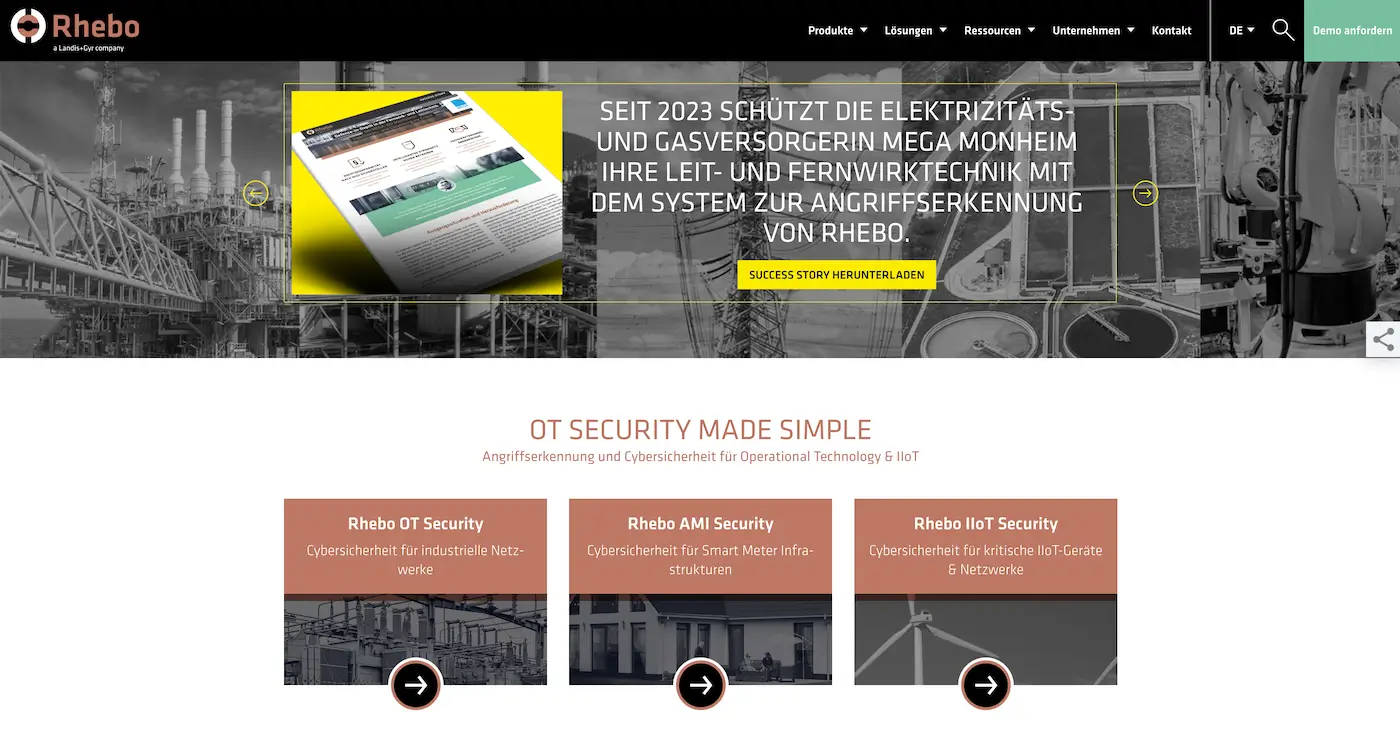 Screenshot der Webseite des Startups Rhebo
