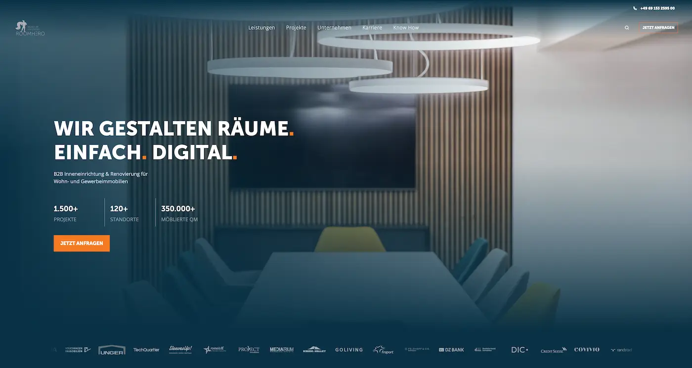 Screenshot der Webseite des Startups Roomhero