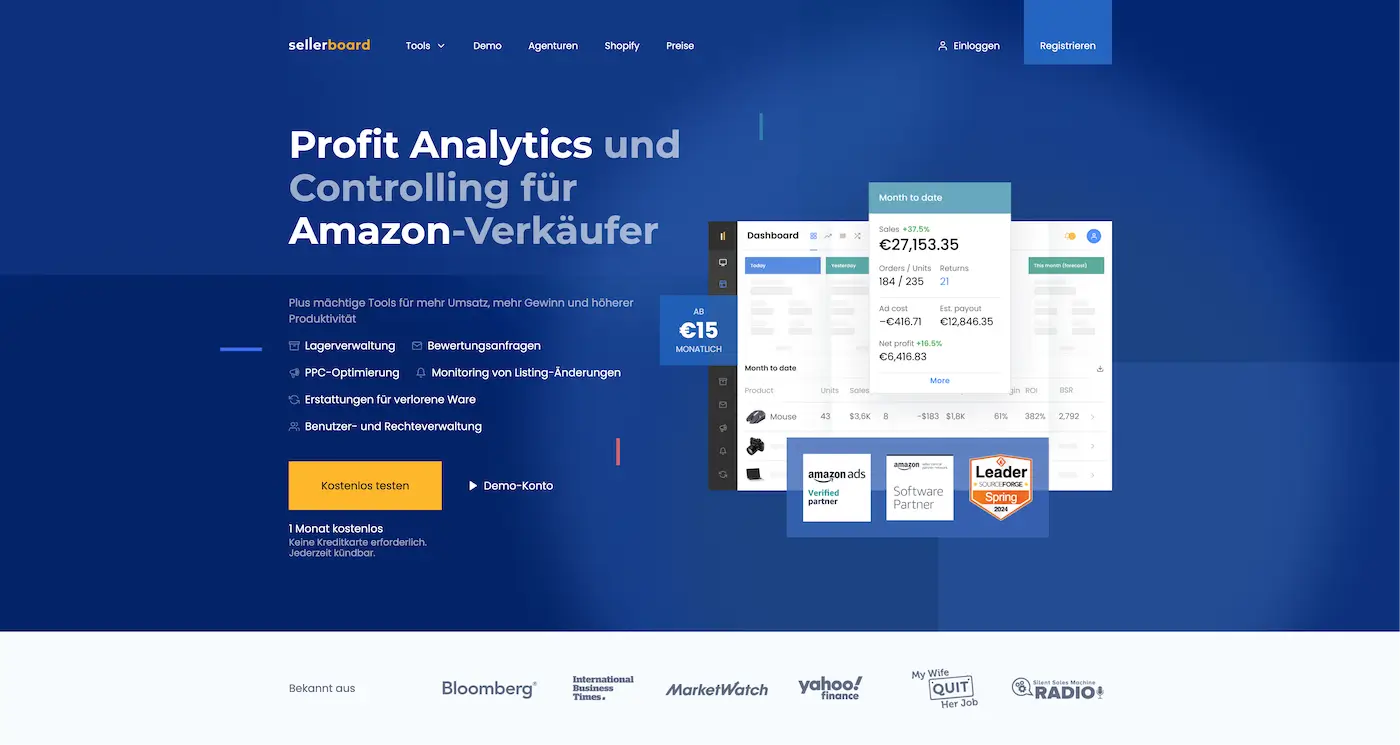 Screenshot der Webseite des Startups Sellerboard