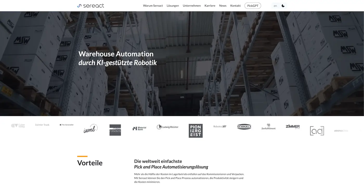 Screenshot der Webseite des Startups Sereact
