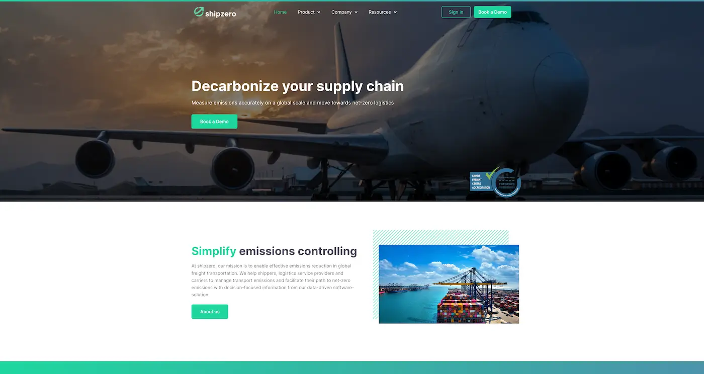 Screenshot der Webseite des Startups Shipzero