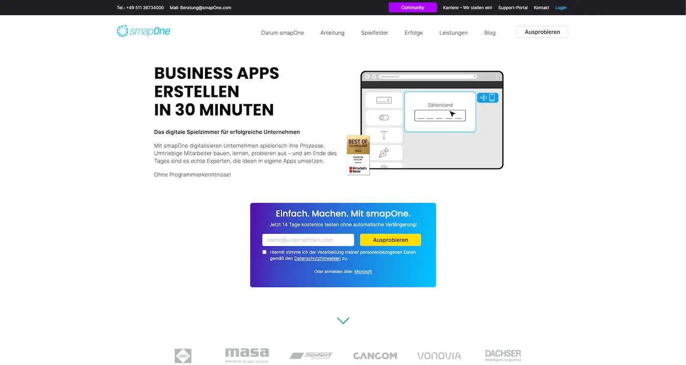 Screenshot der Webseite des Startups smapOne