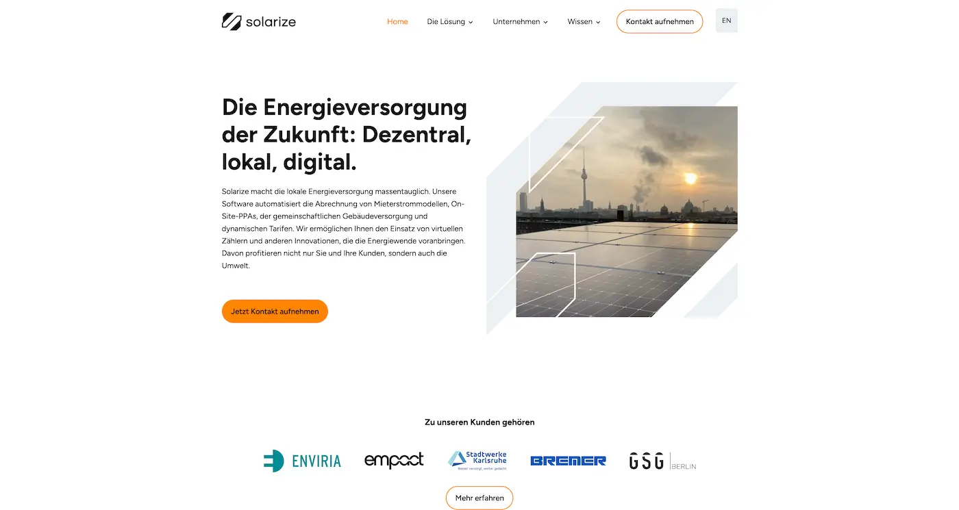 Screenshot der Webseite des Startups Solarize