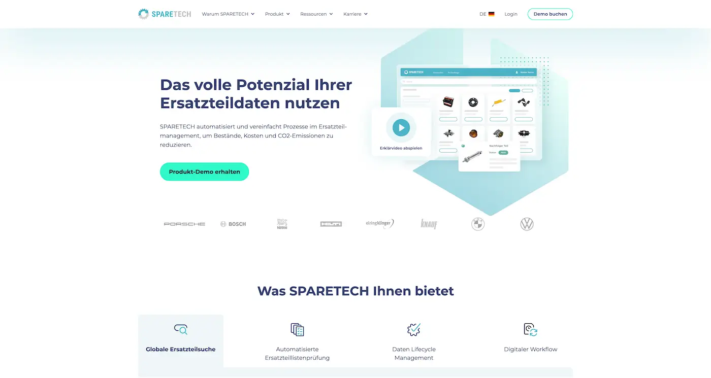 Screenshot der Webseite des Startups SPARETECH