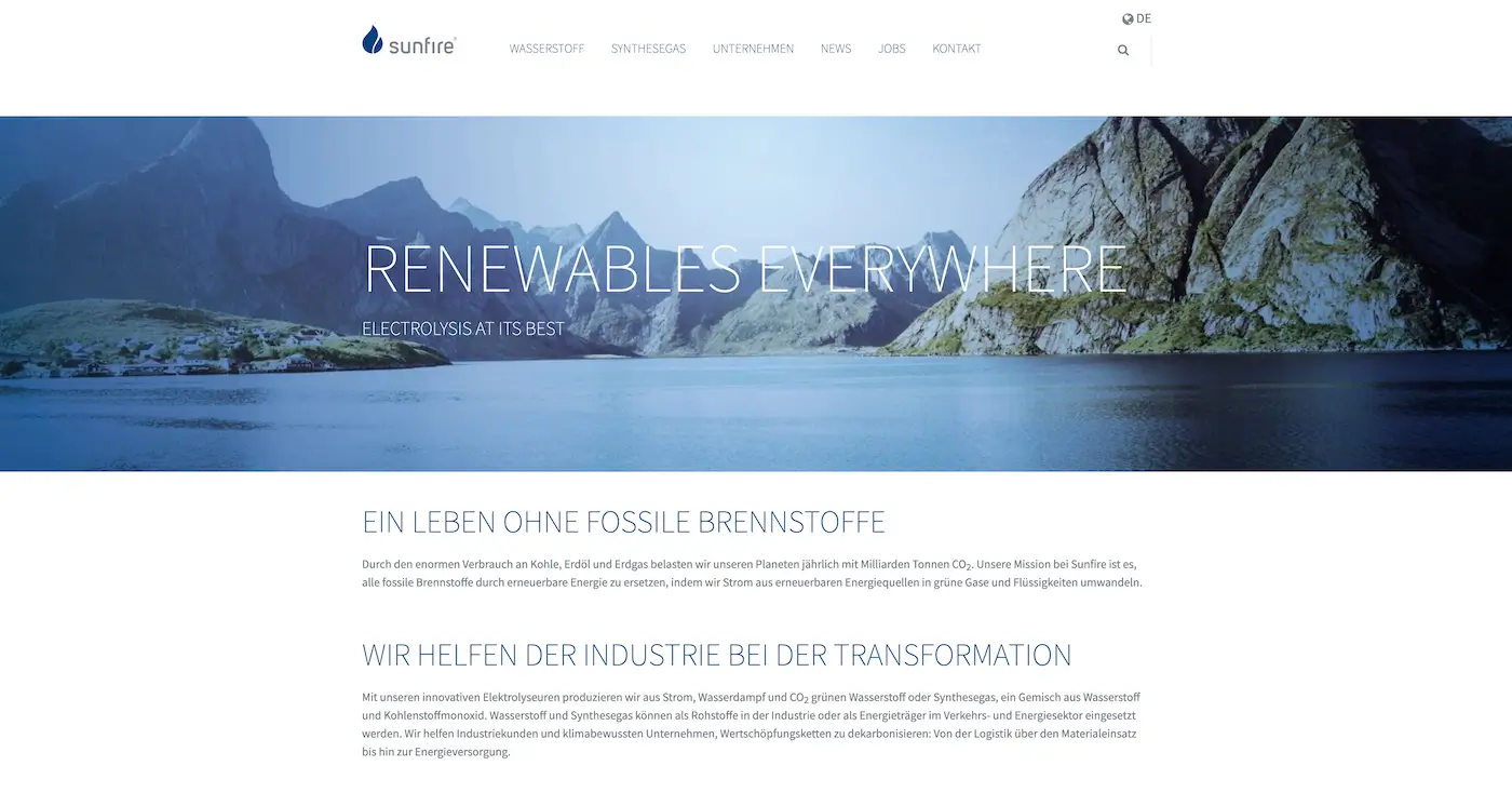 Screenshot der Webseite des Startups Sunfire