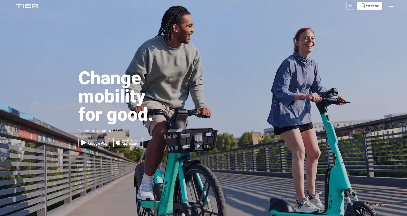 Screenshot der Webseite des Startups Tier Mobility