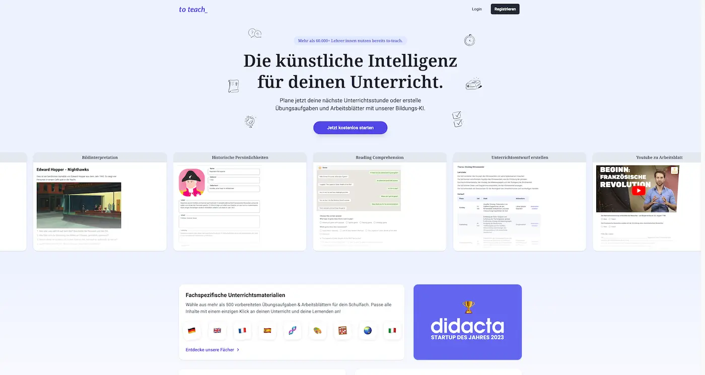 Screenshot der Webseite des Startups To-Teach