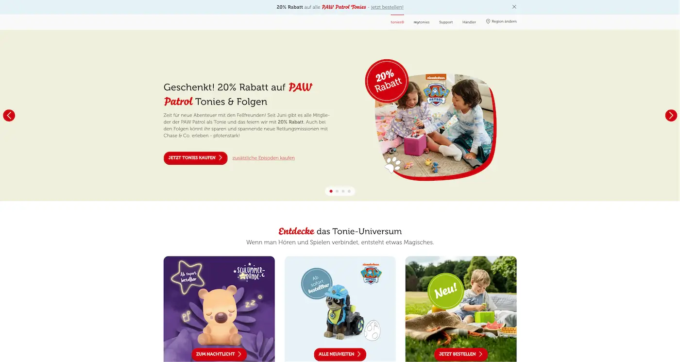 Screenshot der Webseite des Startups Tonies