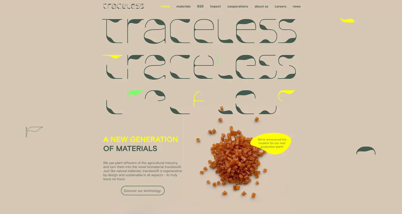 Screenshot der Webseite des Startups Traceless Materials