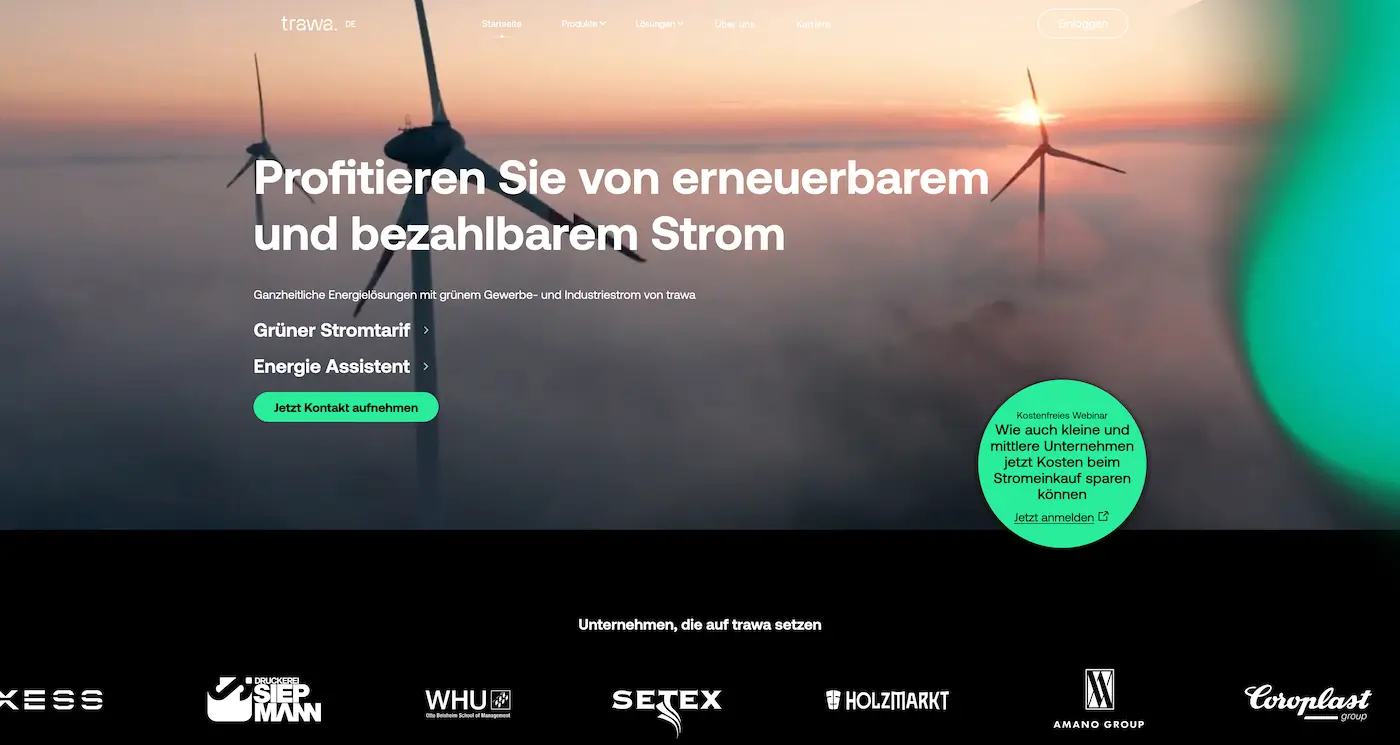 Screenshot der Webseite des Startups Trawa