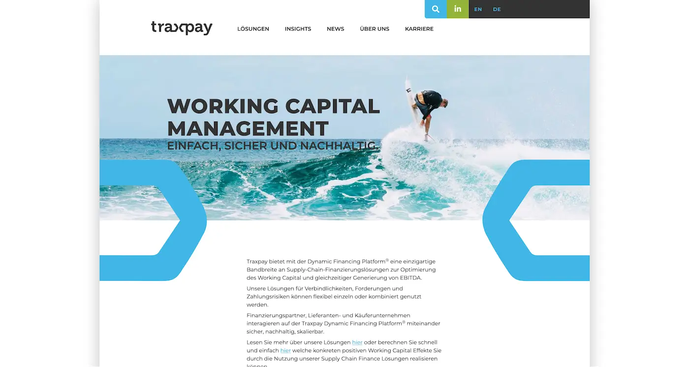Screenshot der Webseite des Startups Traxpay