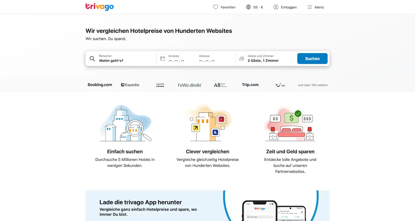 Screenshot der Webseite des Startups Trivago