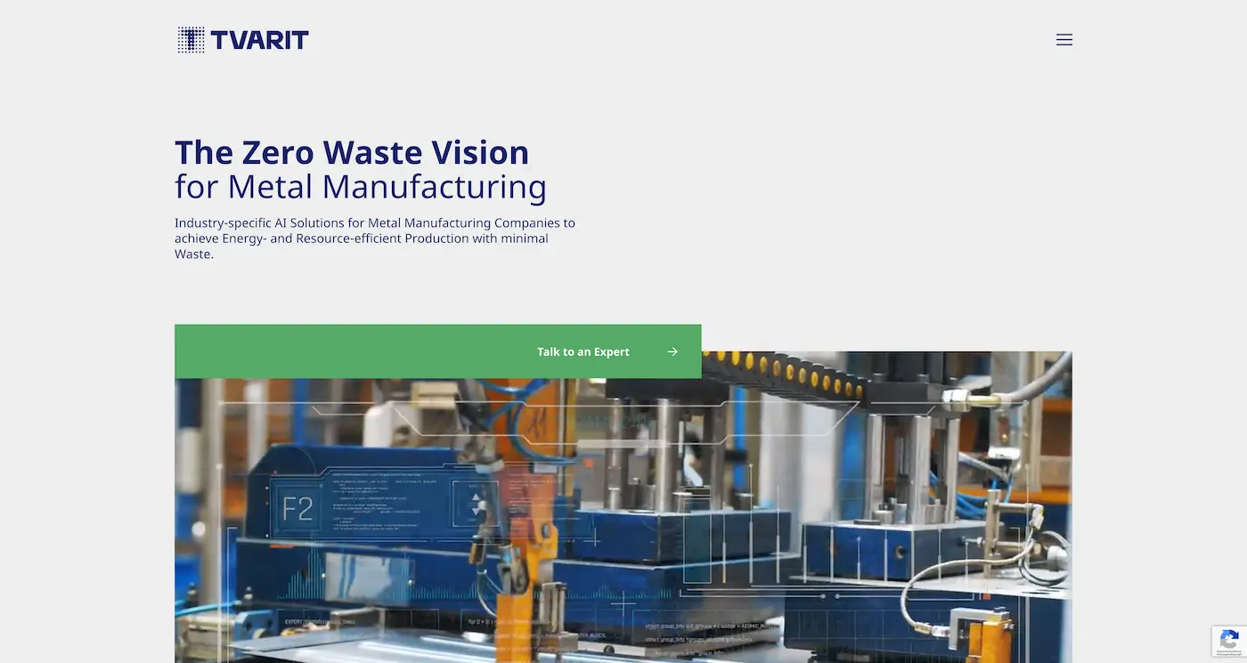 Screenshot der Webseite des Startups Tvarit