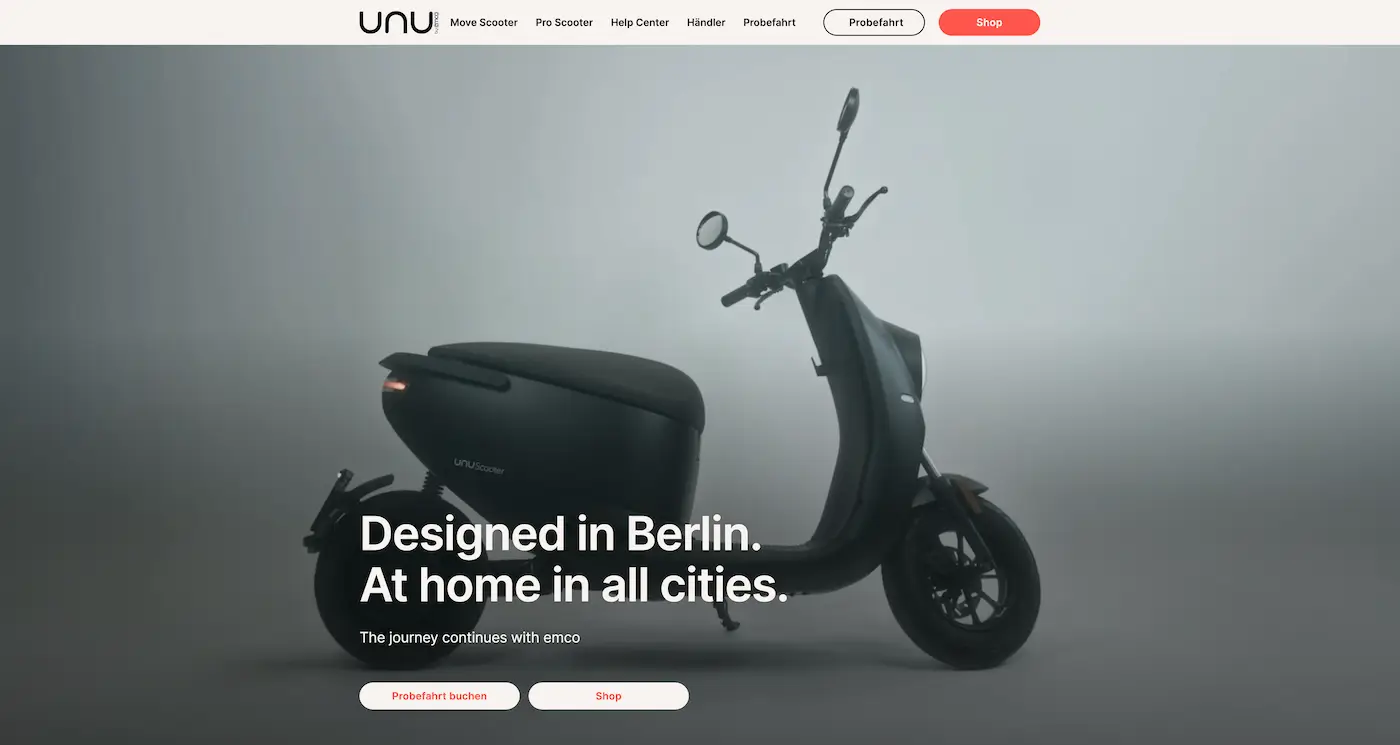 Screenshot der Webseite des Startups Unu Motors