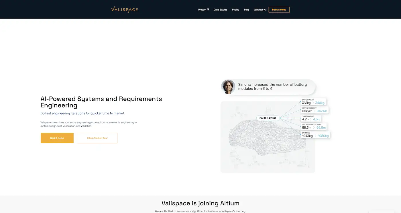 Screenshot der Webseite des Startups Valispace
