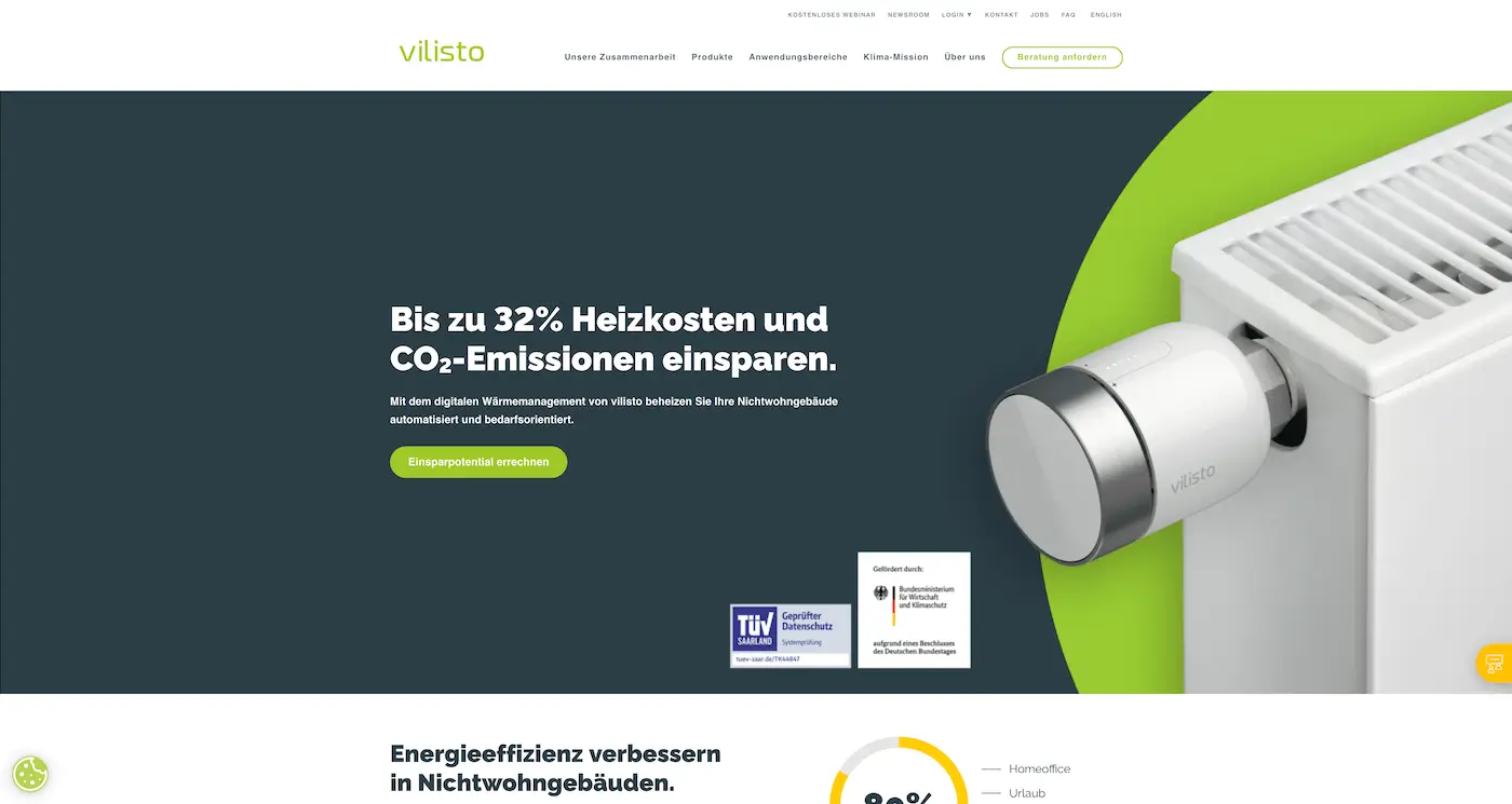 Screenshot der Webseite des Startups Vilisto.