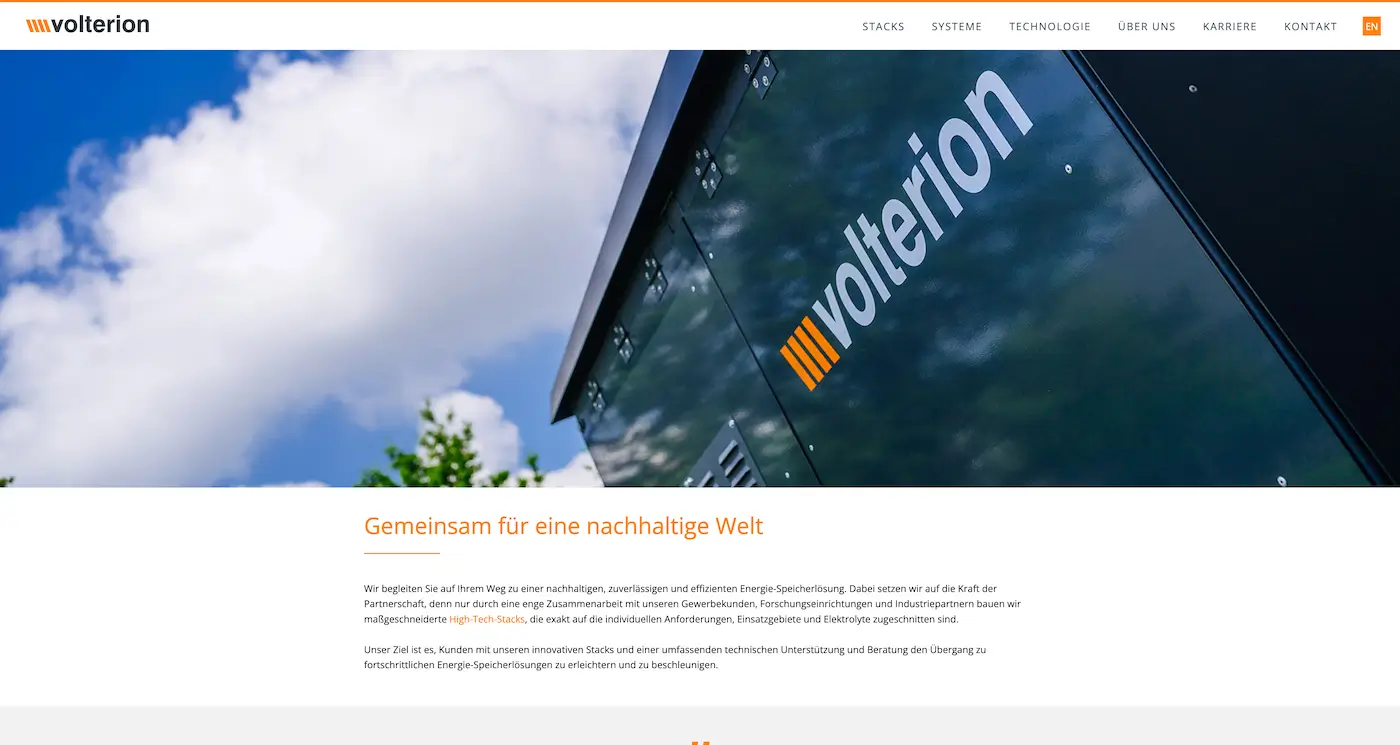 Screenshot der Webseite des Startups Volterion