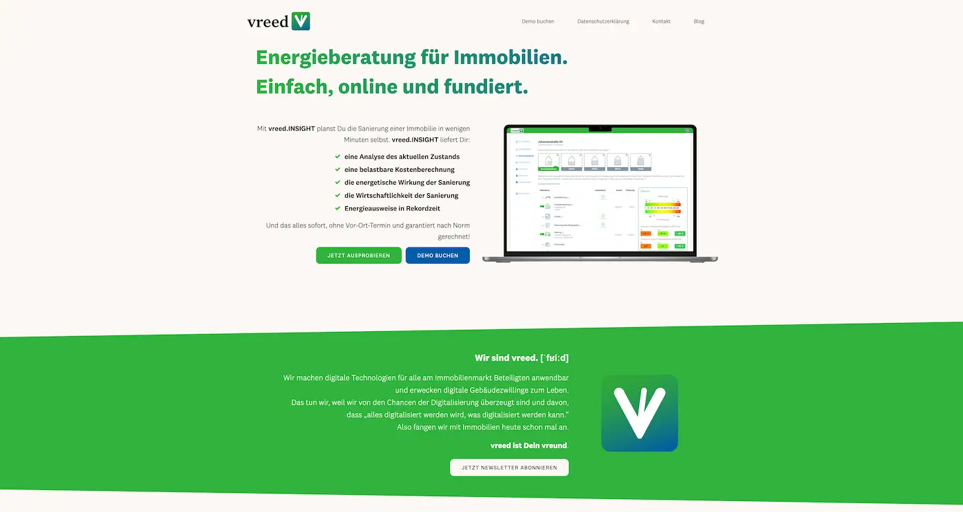 Screenshot der Webseite des Startups Vreed