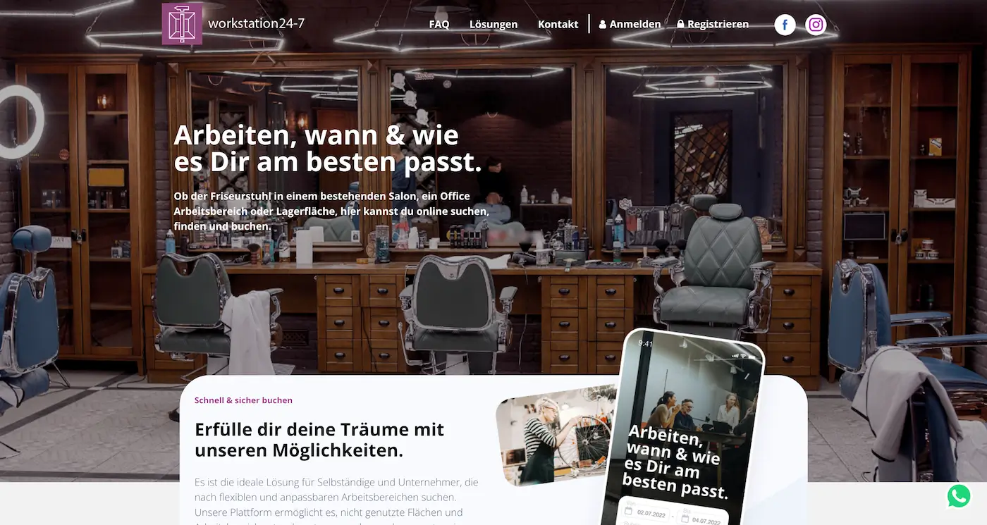 Screenshot der Webseite des Startups Workstation24-7